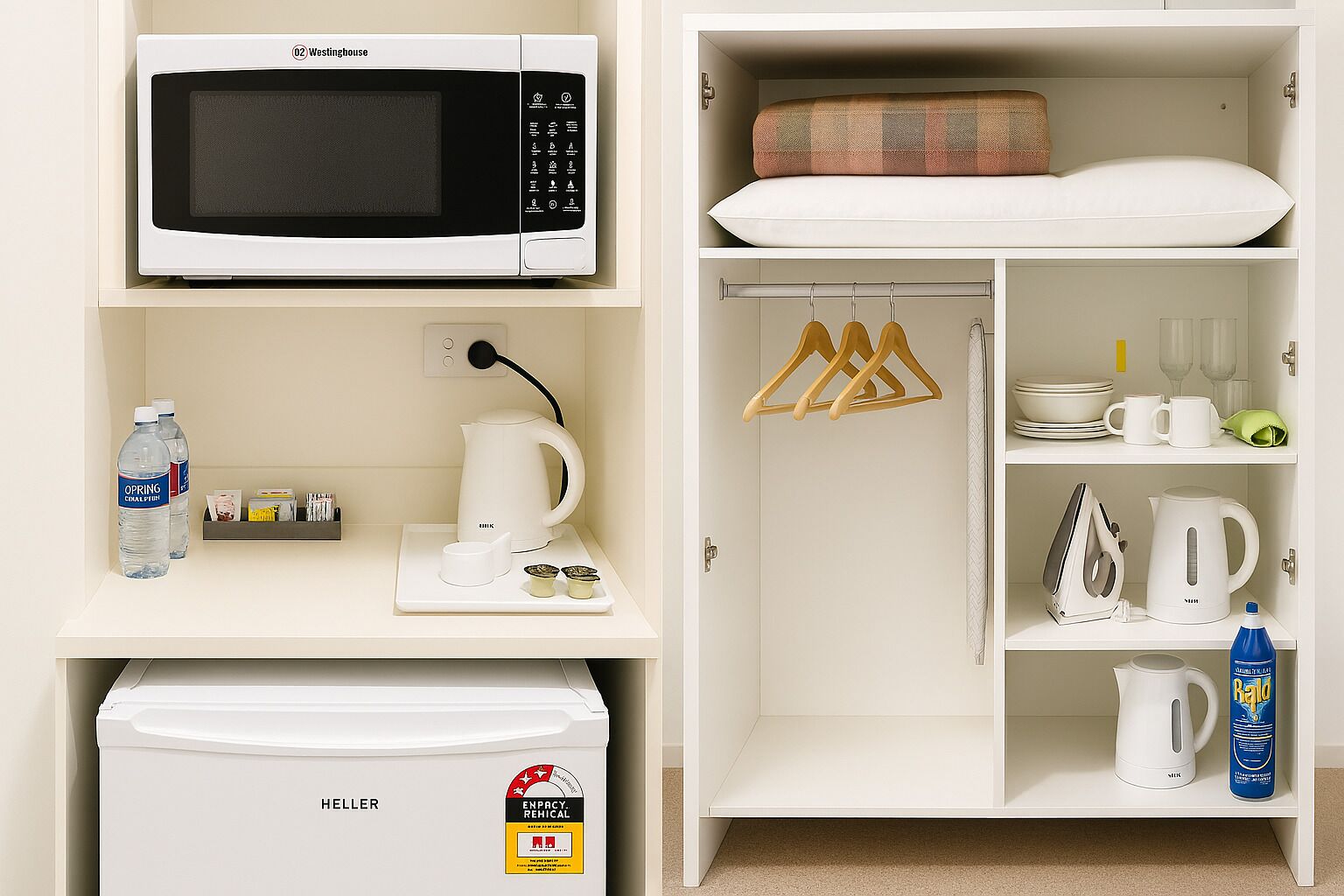 Fridge, microwave, espresso maker, electric kettle