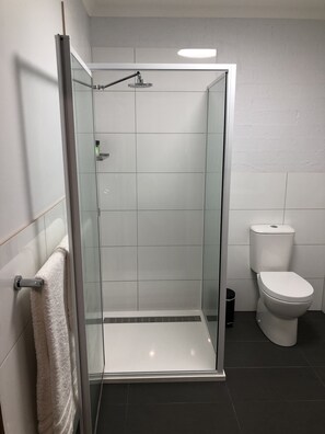 A modern bathroom with a glass-enclosed shower, a white toilet, and a towel rack.