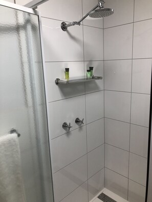 Chambre Deluxe | Salle de bain | Douche, serviettes fournies, savon, shampooing