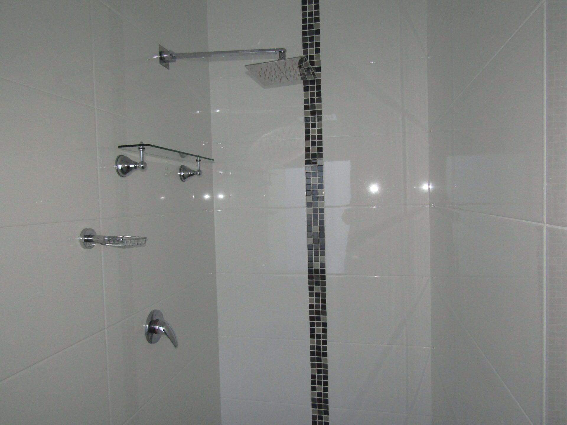 A shower with a glass door, a handheld showerhead, and a wall-mounted faucet.