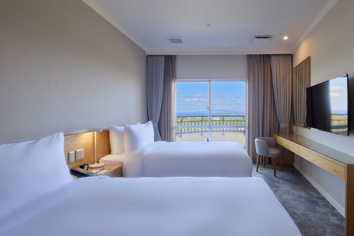 A hotel room with two beds, a desk, a chair, a TV, and a large window with a view.