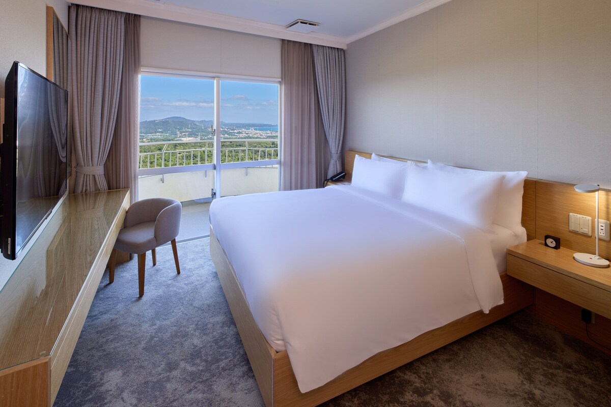 A hotel room with a large bed, a desk with a TV, a chair, and a view of the city through the window.