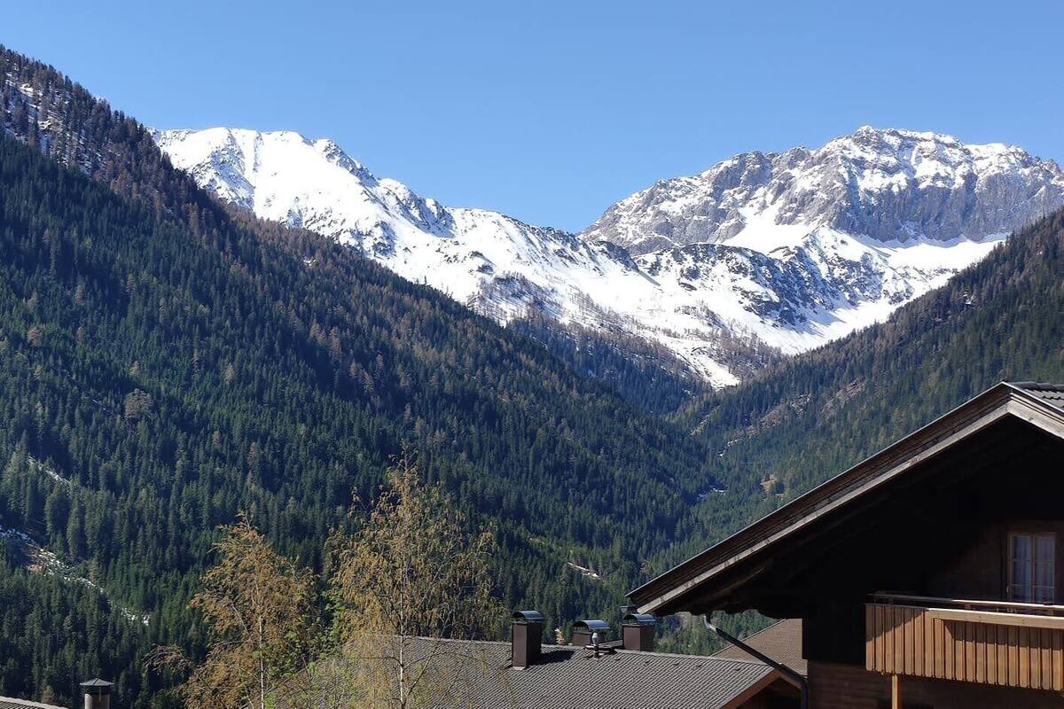 A mountain cabin with a sloped roof, surrounded by dense forest and snow-capped peaks.