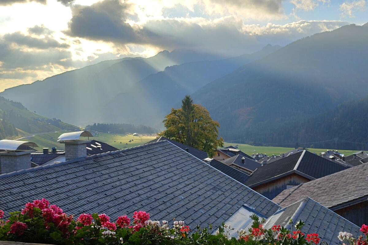 A mountain village with traditional houses, a prominent tree, and a valley.