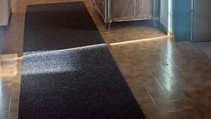 Una stanza con pavimento in legno, un tappeto nero, soffitto in legno e un comò con specchio e pianta.