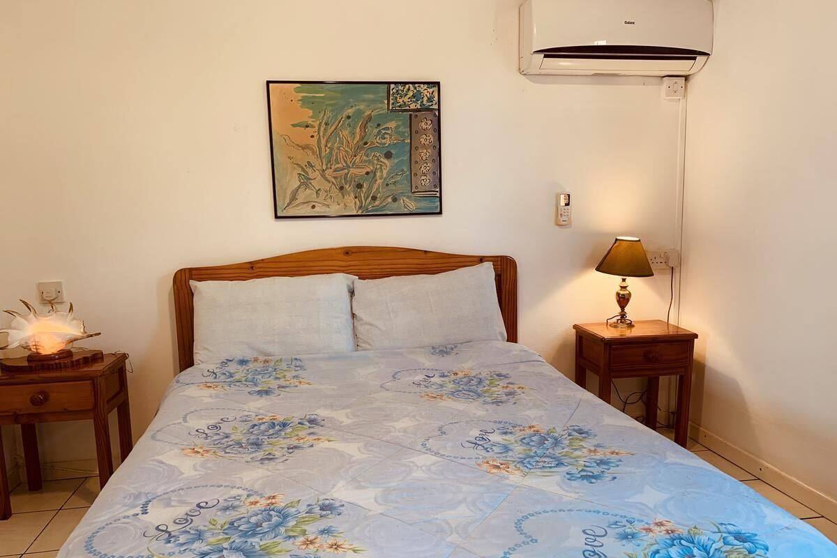 A bedroom with a bed, a nightstand, a lamp, a wall-mounted air conditioner, and a painting.