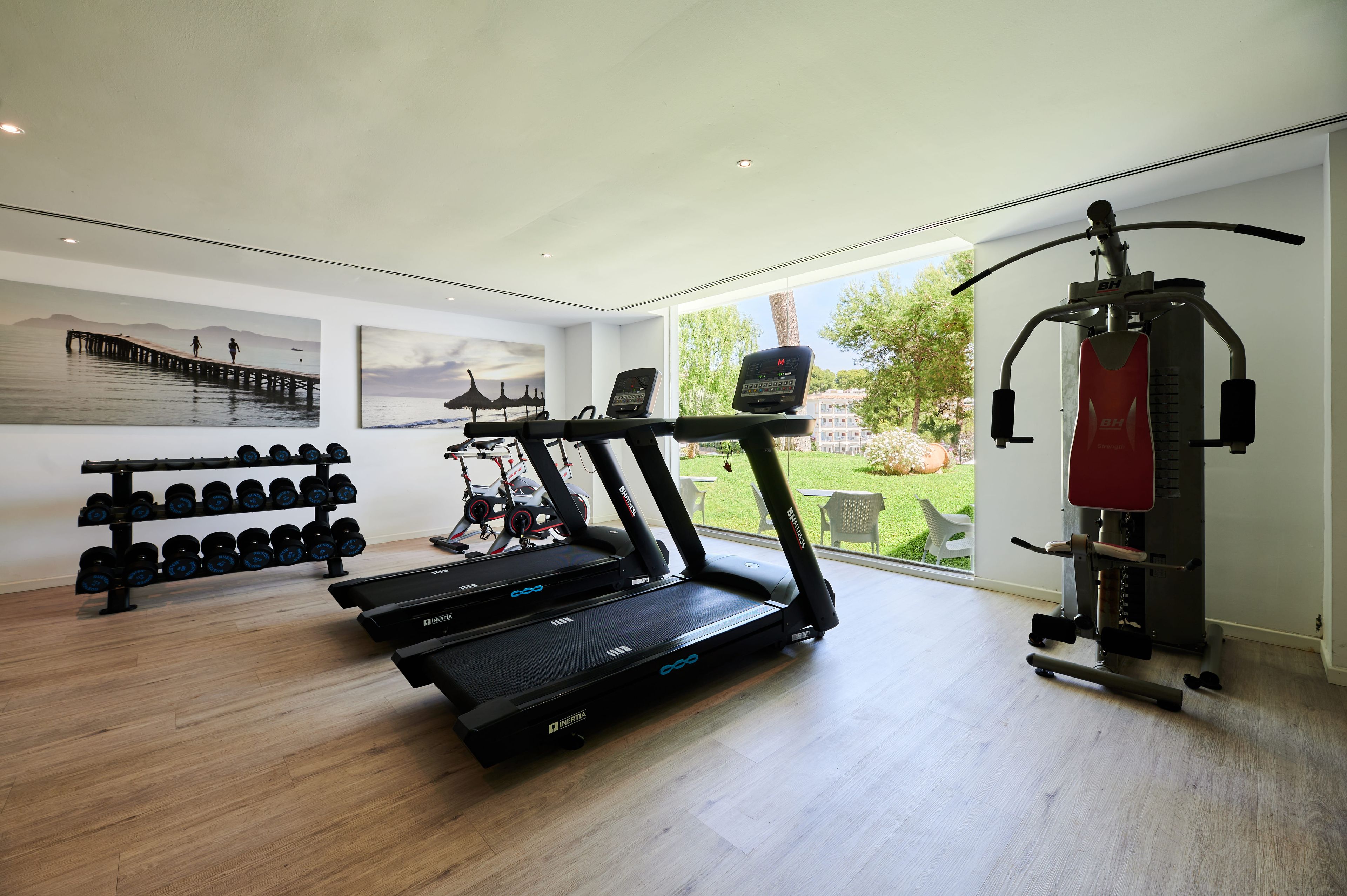 A home gym with treadmills, dumbbells, and a weight machine.