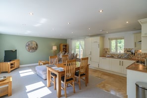 A spacious living area with a dining table, chairs, a sofa, and a television. The kitchen area is visible with cabinets and a window.