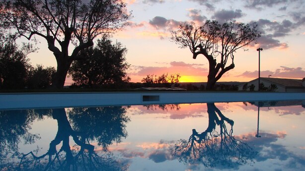 A serene pool reflecting trees and a sunset. - Kinanto Bioresort (Ispica)