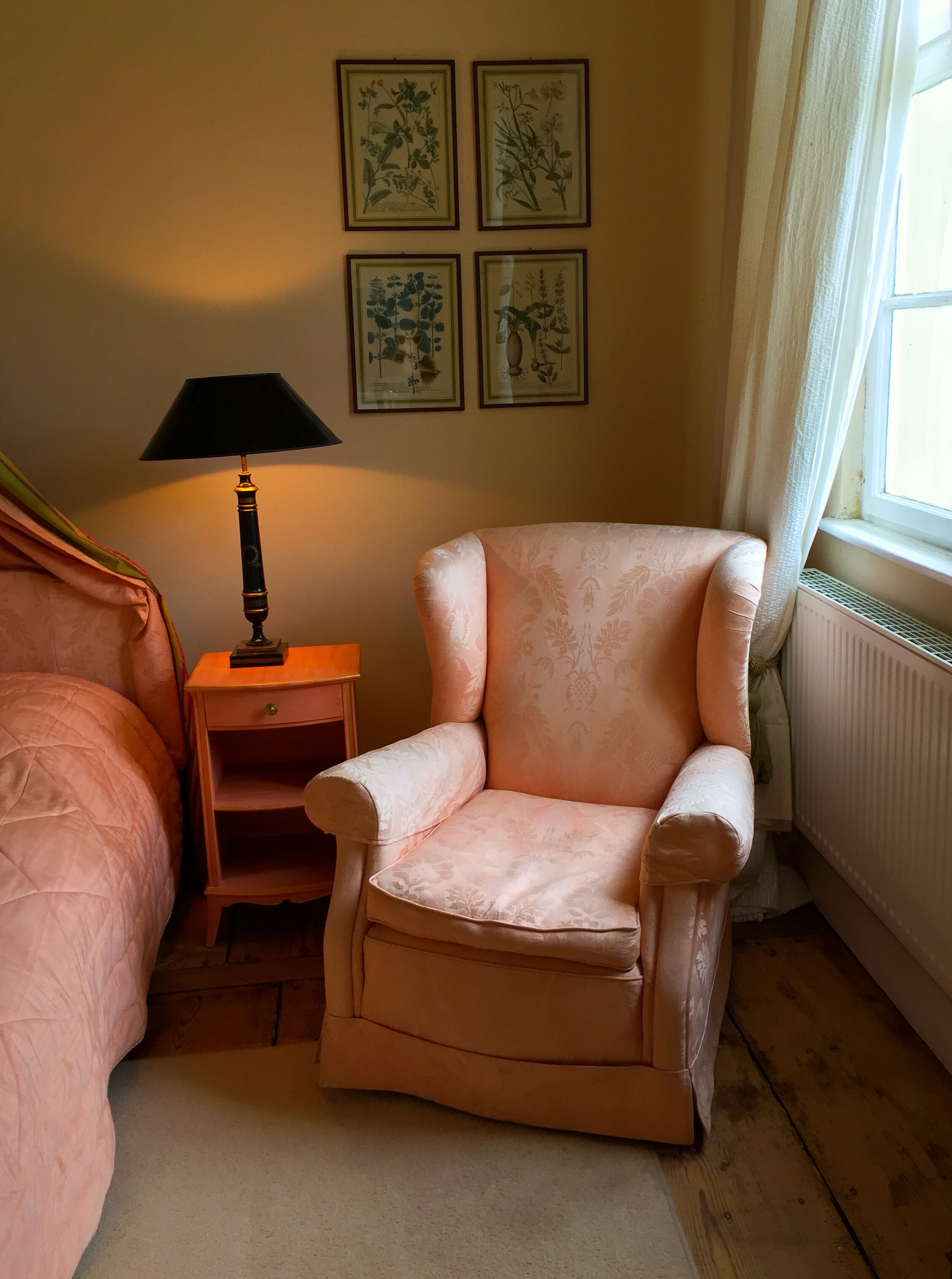 A cozy room with a pink armchair, a wooden nightstand, a lamp, and framed botanical prints on the wall.