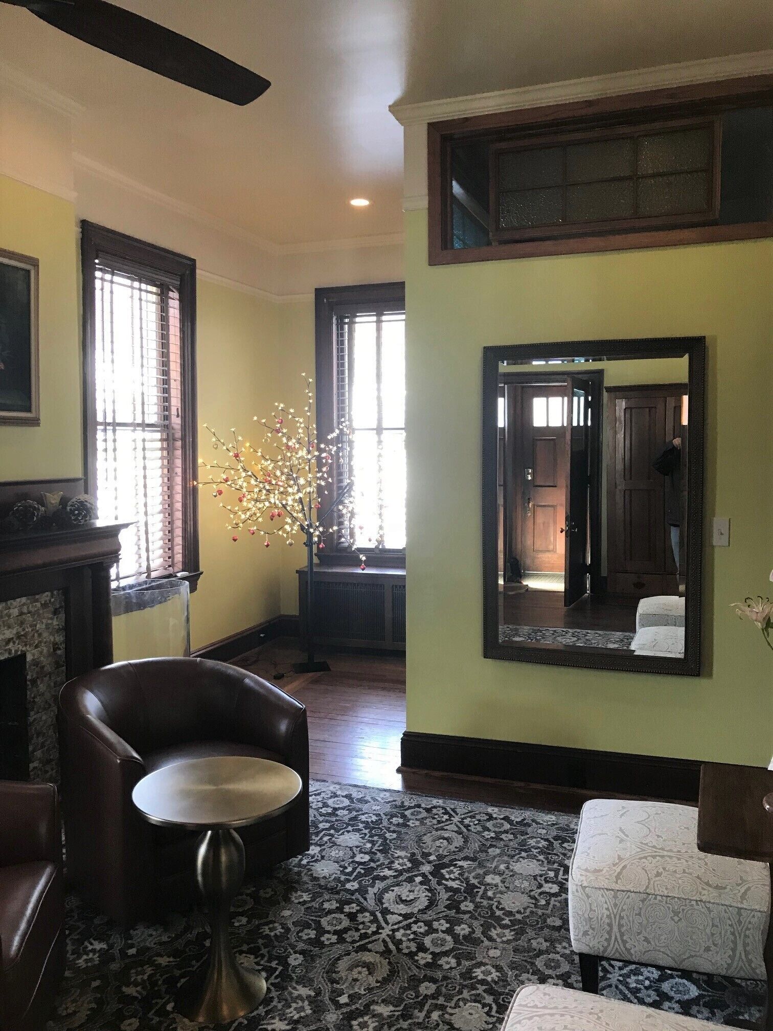 A room with a fireplace, a large mirror, a patterned rug, and a decorative tree.