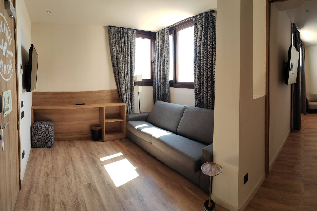 A compact room with a sofa, a desk, and a bed.