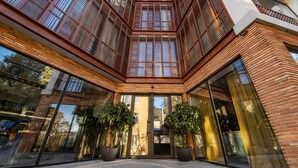 A modern building with a courtyard, large windows, and potted plants. - BARNOVI BOUTIQUE HOTEL (Tbilisi)
