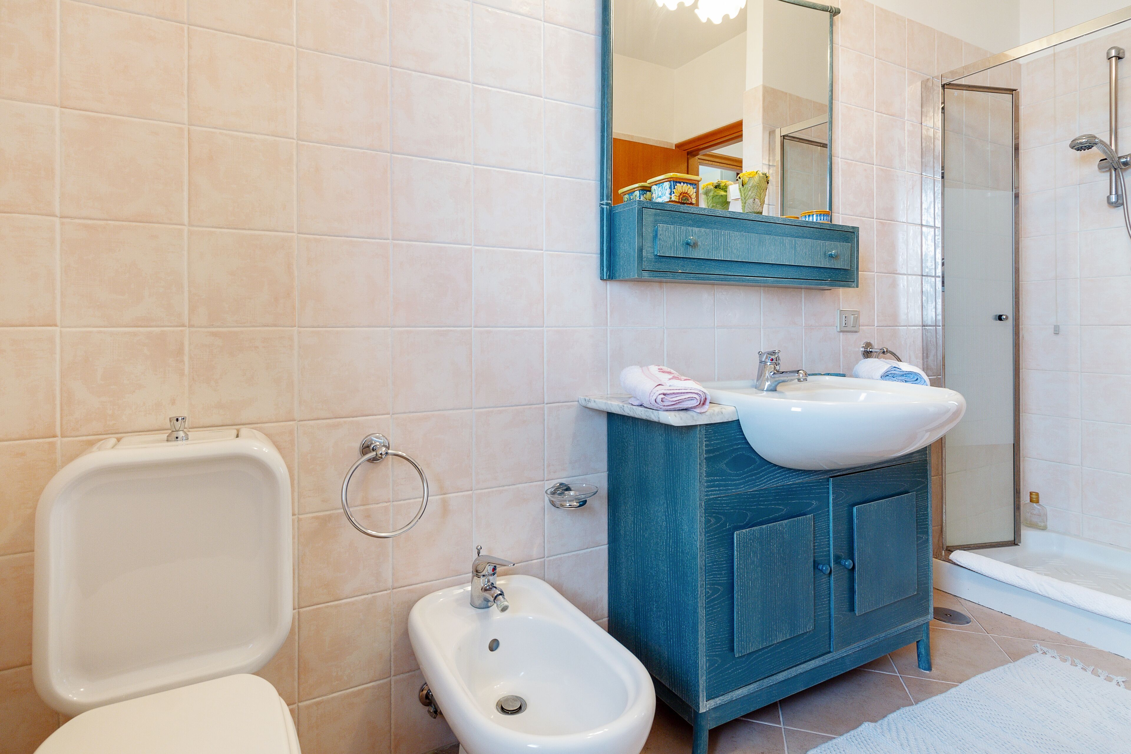 A bathroom with a bidet, a sink, a mirror, and a shower.