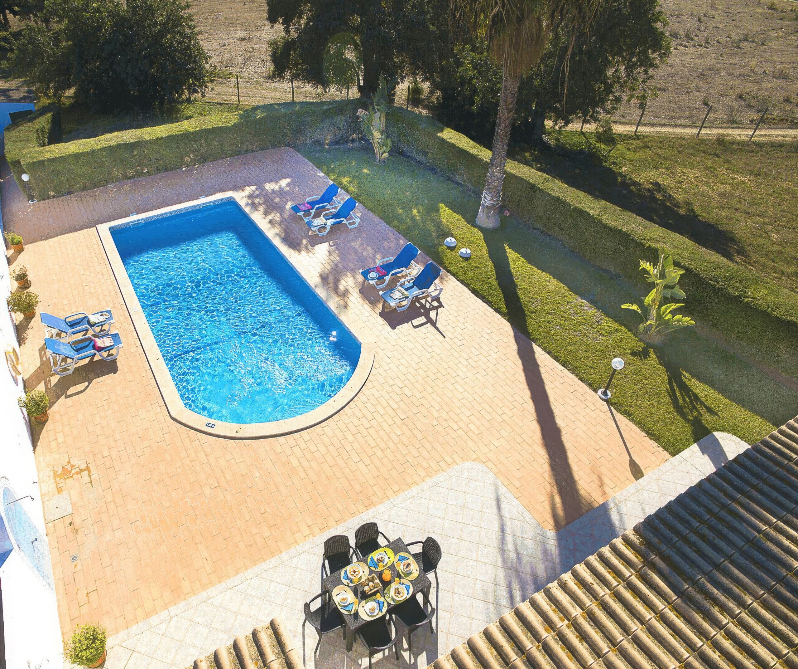 A swimming pool with lounge chairs and a table with plates, surrounded by a brick patio and a grassy area.