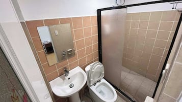 Un baño con lavamanos, inodoro y espejo.
