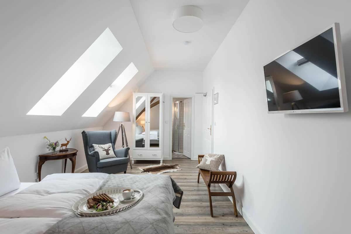 A bedroom with a bed, a desk, a chair, a TV, and skylights.