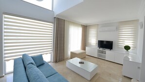 A modern living room with a sofa, coffee table, TV, and a small plant.