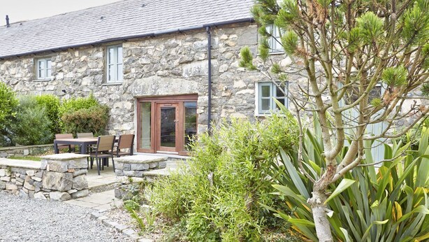 A stone house with a wooden door, a patio with chairs, and a large plant in the foreground.
