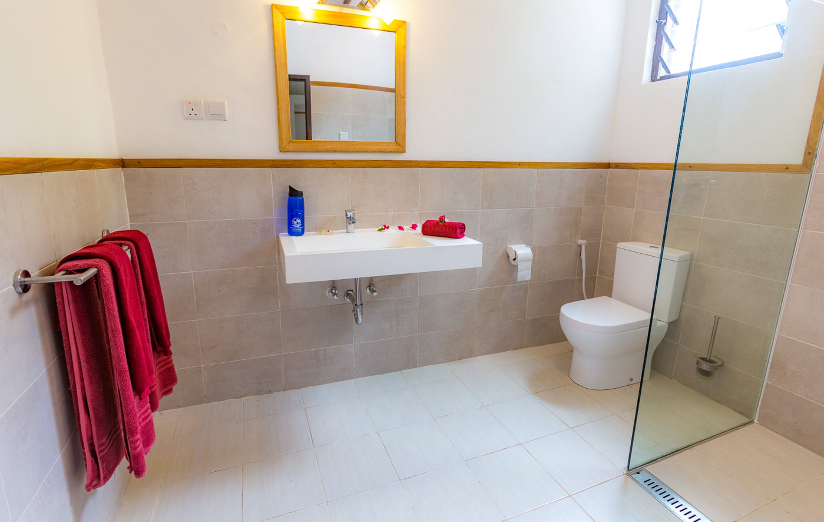 shower, free toiletries, hair dryer, towels