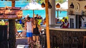 A beachside bar with thatched umbrellas, a clock, and a 'No Smoking' sign. - Diani Sea Lodge (Diani Beach)
