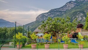 Un espace extérieur clos, doté d’une structure en bois, d’un arbre et de chaises bleues.