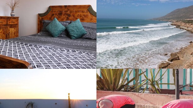 A bedroom with a patterned bedspread, a wooden headboard, and a wall-mounted decor piece. - Azrac Surf Morocco (Aourir)