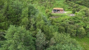 Eine abgelegene Holzhütte, umgeben von dichtem Wald, mit einem klaren Weg dorthin.