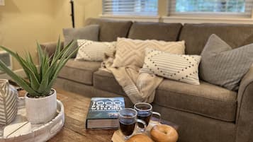 Smart TV, fireplace, DVD player, books