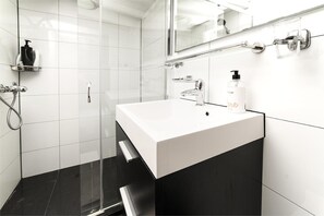 Shower, free toiletries, hair dryer, towels