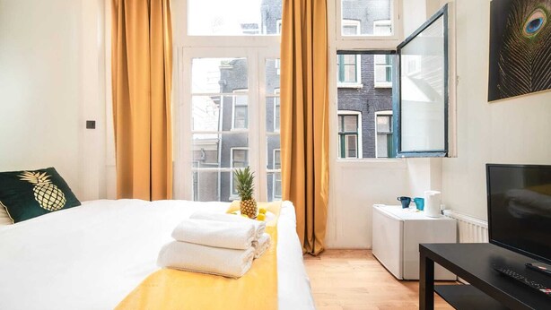 A hotel room with a bed, a small table with a TV, a window with curtains, and a painting on the wall. - Amazing B&B (Amsterdam)