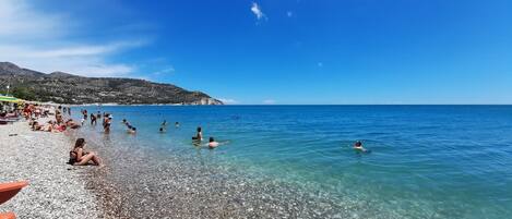 On the beach, sun-loungers