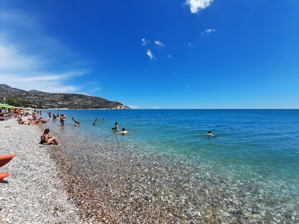 On the beach, sun loungers