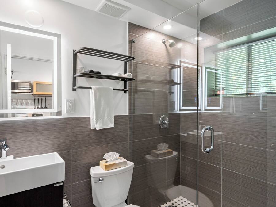 Combined shower/tub, free toiletries, hair dryer, towels