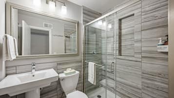 Shower, free toiletries, hair dryer, towels