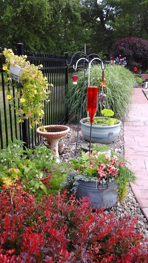 Un jardín con varias plantas en macetas y una fuente para pájaros.