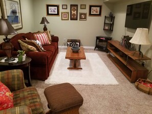 Smart TV, fireplace, books, printers