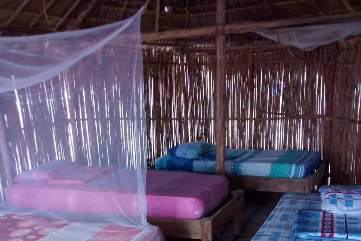 Una habitación con tres camas de madera, cada una con un colchón y una manta. Un mosquitero cubre las camas. La habitación tiene una pared de bambú y un techo de paja.