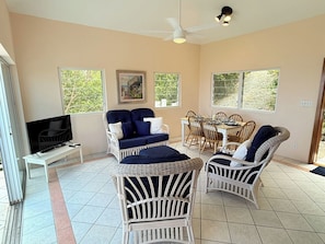 A room with a television, wicker furniture, a dining table, and chairs.