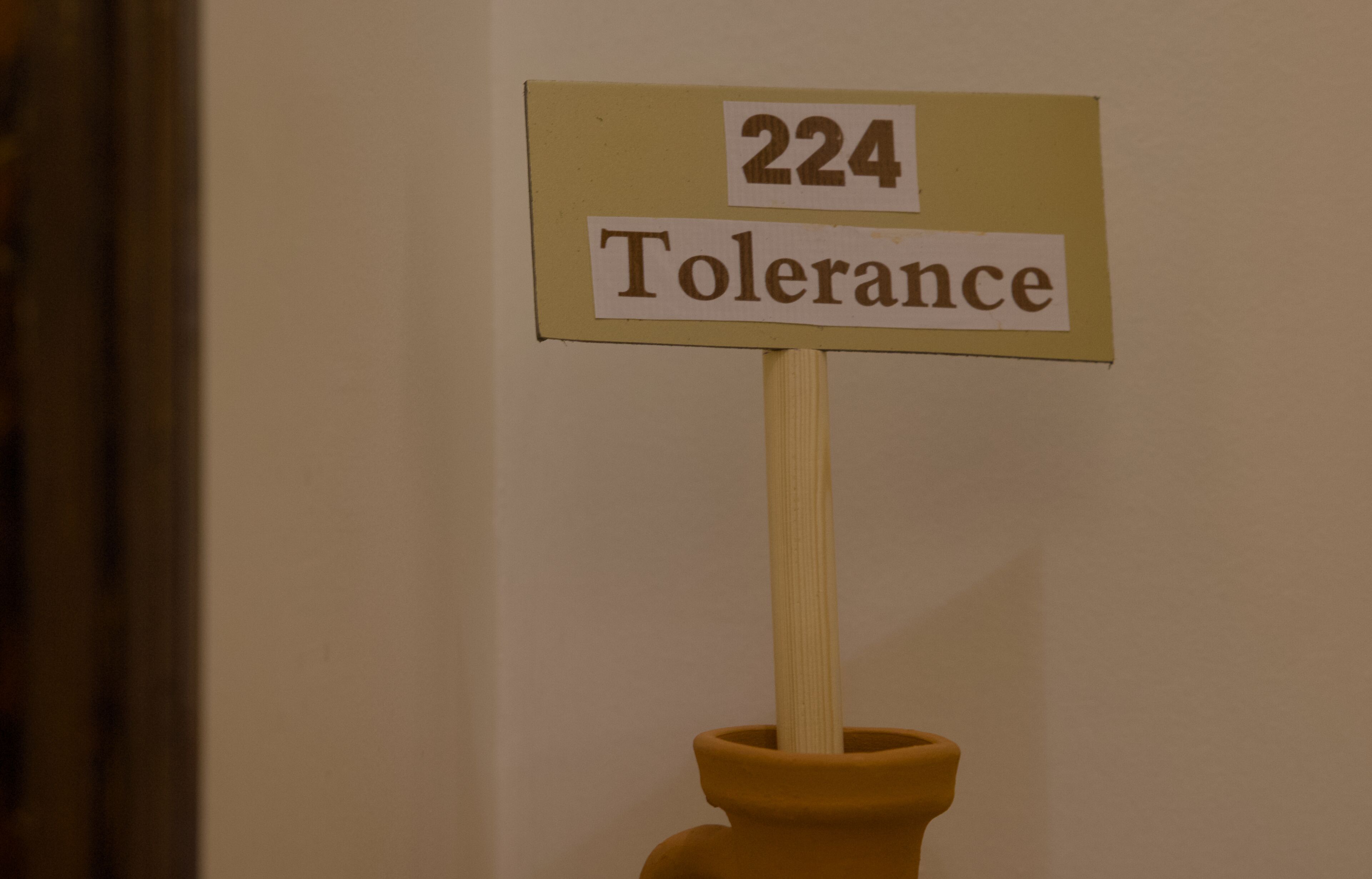 Un letrero en un poste de madera con el número 224 y la palabra 'Tolerance'.
