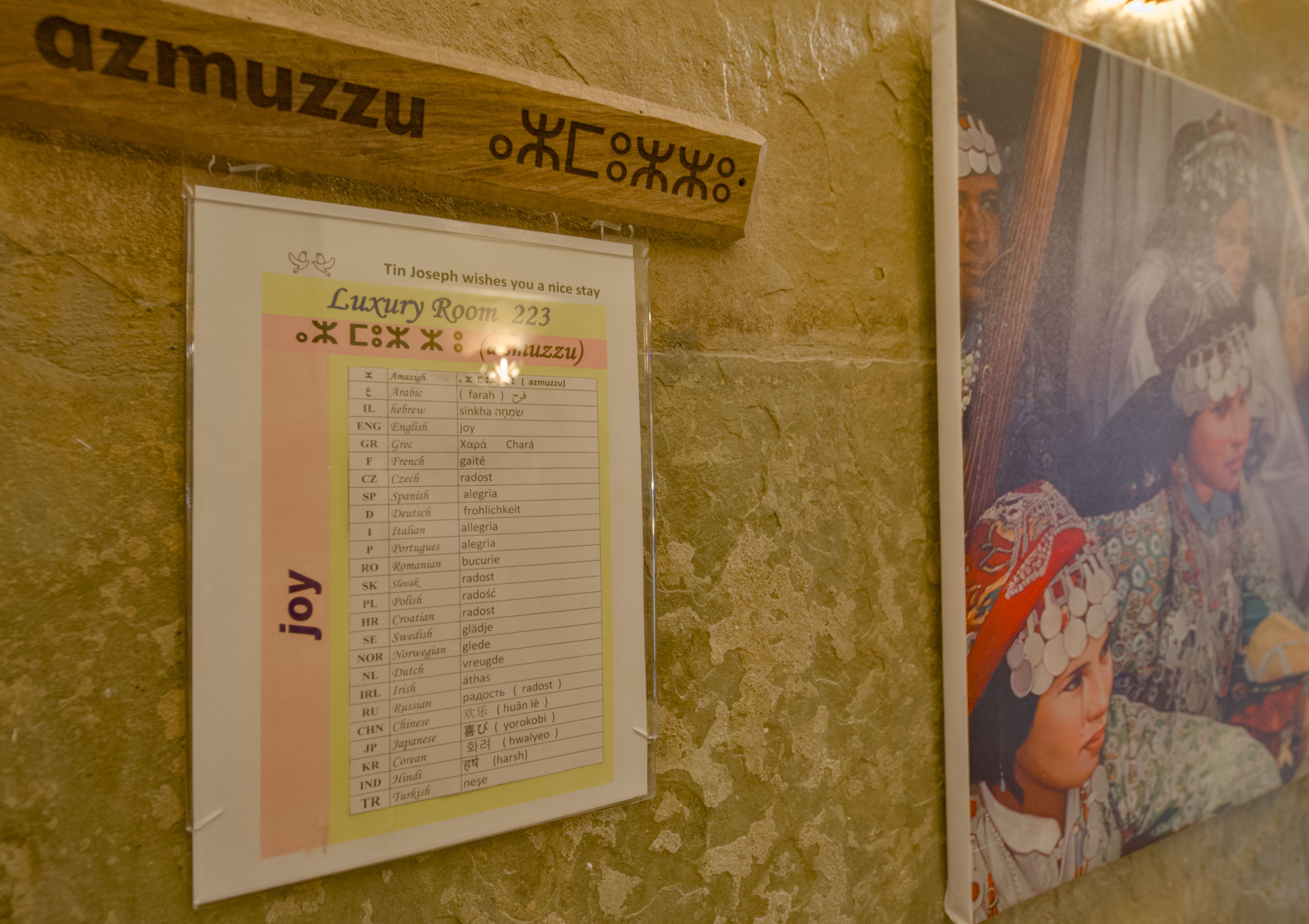 A wall with a sign listing room numbers and languages, and a framed picture of a person in traditional attire.