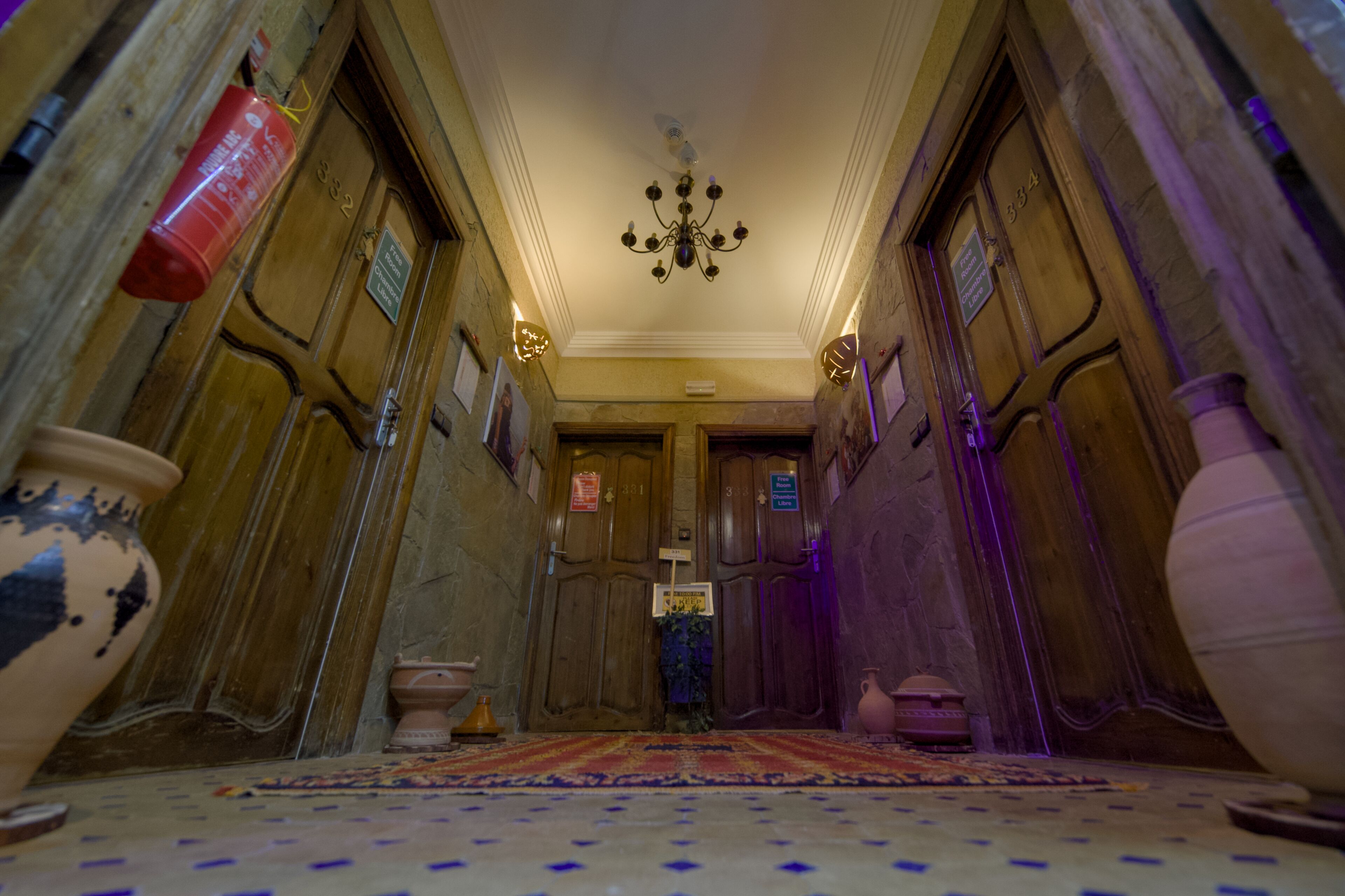 A narrow hallway with wooden doors, a chandelier, and a patterned carpet.