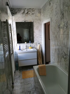 Bathtub, hair dryer, soap, toilet paper