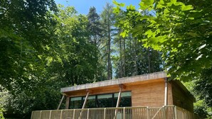 A modern wooden cabin with large windows, a deck, and a gravel path leading to the entrance.
