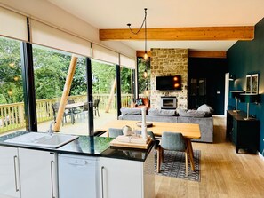 Flat-screen TV, fireplace