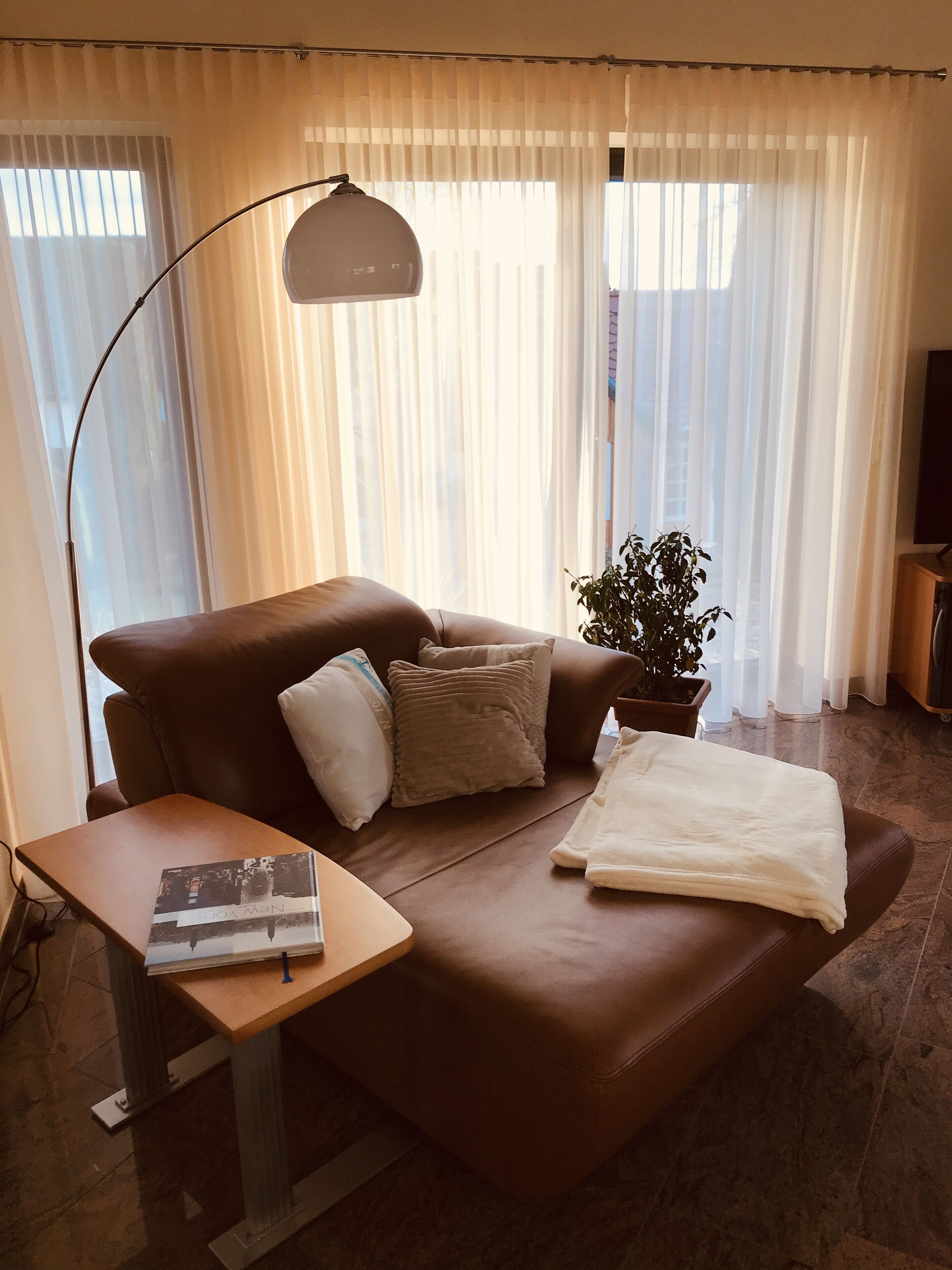 A living room with a brown leather sofa, a side table with a magazine, a floor lamp, a potted plant, and sheer curtains.