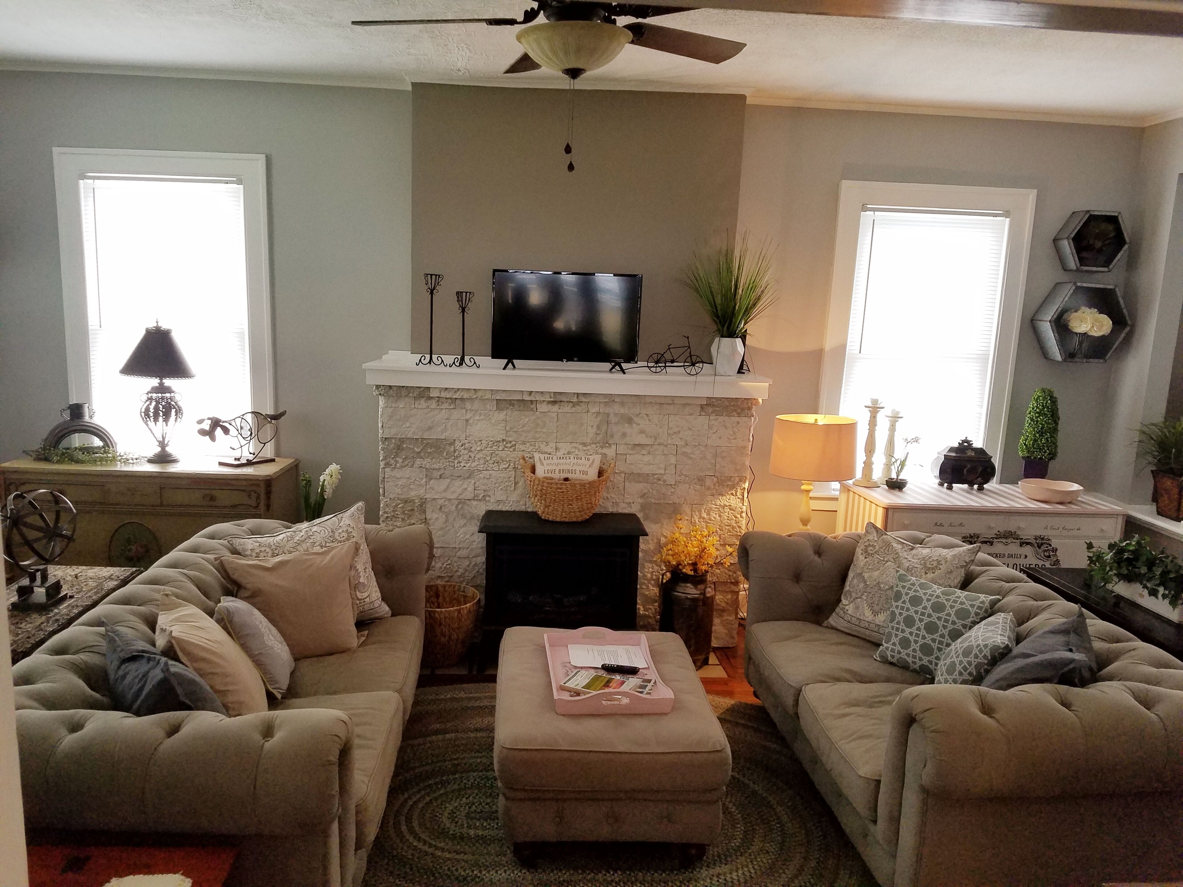 TV, fireplace, books