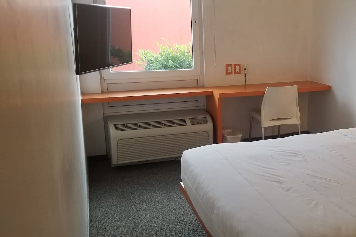 A hotel room with a bed, a desk with a chair, a television, and a window with a view of greenery.