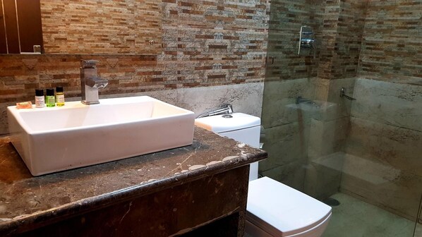 Un baño con un lavabo rectangular, un inodoro y una ducha con mampara de vidrio.