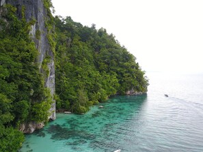 A coastal landscape with a cliff, dense greenery, and clear turquoise waters. - Ora Sunrise View Resort (Salemang)